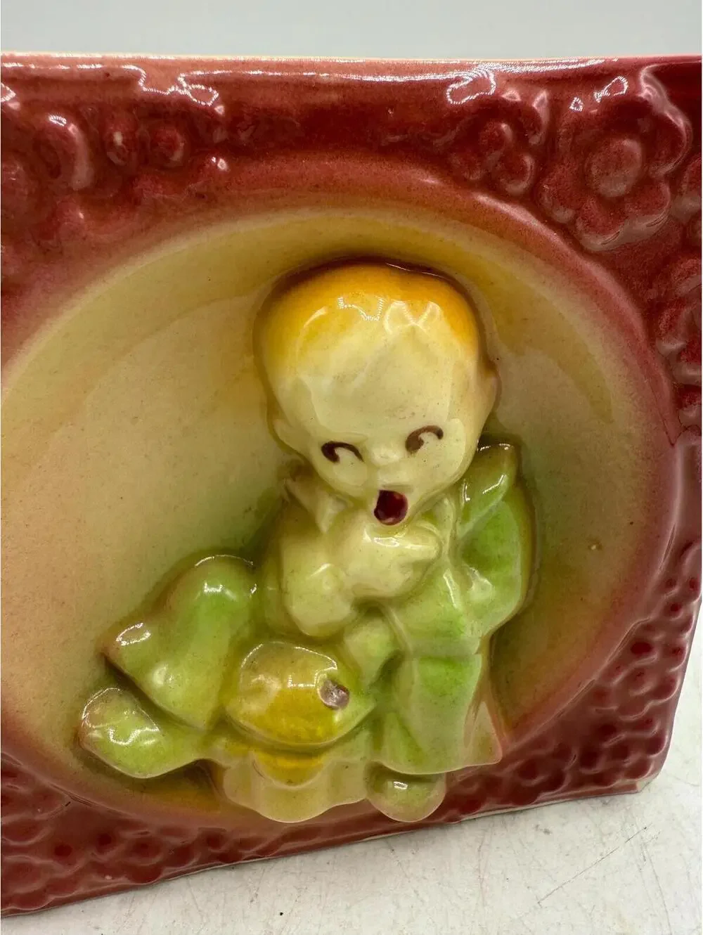 Vintage 1940s Ceramic Wall Pocket: Baby with Cookie Jar, USA Decor